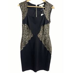 Erin by Erin Fetherston Shelby Black Gold Appliqué Sheath Cocktail Dress Size 4